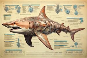 Tubarão cyborg animal detalhado infográfico, cheio detalhes anatomia poster diagrama ilustração generativo ai foto