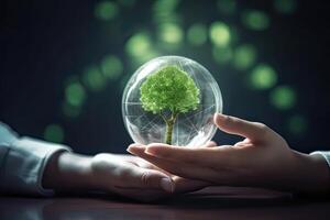 mãos protegendo globo do verde árvore em tropical natureza verão fundo, ecologia e meio Ambiente conceito. generativo ai. foto