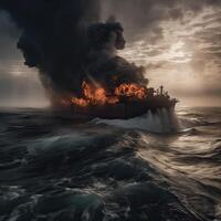 fogo em uma carga enviar. uma navio carregando liquefeito gás é engolido dentro chamas. explosão e fogo em uma gás transportadora em a Alto mares. generativo ai. foto
