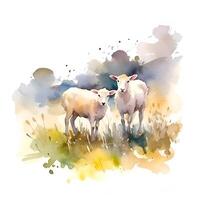 generativo ai contente, ovelha com uma Cordeiro em a fundo do uma Fazenda em uma verão dia, aguarela ilustração foto