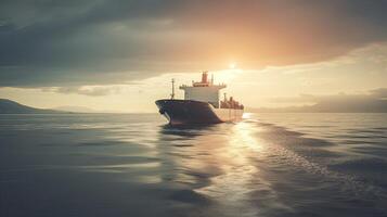 aéreo zangão foto do ampla liquefeito petróleo gás petroleiro ou gpl ancorado dentro profundo azul oceano mar. generativo ai.