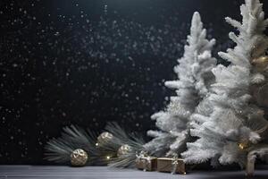 iluminado isolado Natal árvore dentro idílico branco Nevado paisagem, cumprimento cartão bandeira conceito com cópia de espaço para dezembro feriado temporada, Natal fundo. generativo ai. foto