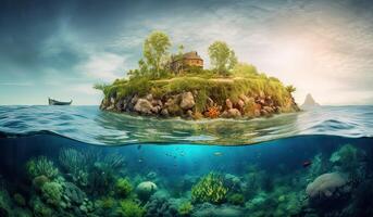 tropical ilha e coral recife - Dividido Visão com linha d'água. lindo embaixo da agua Visão do solitário pequeno ilha acima e abaixo a água superfície dentro turquesa águas do tropical oceano. generativo ai. foto