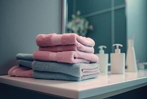 pilha do toalhas com uma Sabonete distribuidor dentro uma banheiro fechar-se. generativo ai. foto