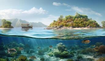 tropical ilha e coral recife - Dividido Visão com linha d'água. lindo embaixo da agua Visão do solitário pequeno ilha acima e abaixo a água superfície dentro turquesa águas do tropical oceano. generativo ai. foto