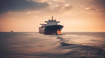 aéreo zangão foto do ampla liquefeito petróleo gás petroleiro ou gpl ancorado dentro profundo azul oceano mar. generativo ai.