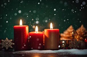 queimando vela e Natal decoração sobre neve e de madeira fundo. generativo ai. foto