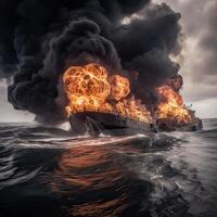fogo em uma carga enviar. uma navio carregando liquefeito gás é engolido dentro chamas. explosão e fogo em uma gás transportadora em a Alto mares. generativo ai. foto