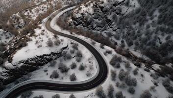 aéreo Visão em a estrada e floresta às a inverno tempo. natural inverno panorama a partir de ar. floresta debaixo neve uma a inverno tempo. generativo ai. foto