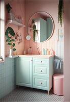 banho quarto interior Projeto vintage estilo, pastel cores. Rosa paredes, azul azulejos, pastel colori e vintage mobiliário. generativo ai 3d ilustração foto