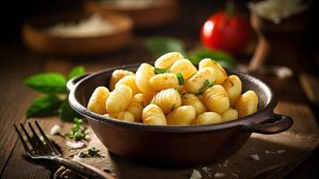 italiano Comida fechar-se tiros do apetitoso nhoque com fresco manjericão, tomates e queijo em de madeira mesa. generativo ai. foto