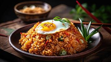 indonésio picante frito arroz nasi Goreng em bambu prato às de madeira mesa. Comida fotografia, generativo ai tecnologia. foto