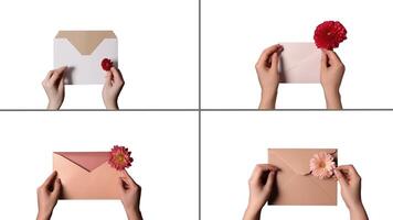 conjunto do fêmea mãos segurando flor e envelope em branco fundo, generativo ai ilustração. foto