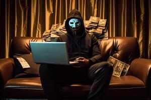 retrato fotografia do anônimo hacker usando computador portátil em sofá e pilha do antigo papel moeda contra dourado cortina fundo. generativo ai tecnologia. foto
