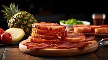 fechar-se Visão do defumado bacon com abacaxi em de madeira mesa. generativo ai. foto