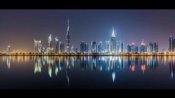 panorama Visão do dubai Horizonte refletindo dentro a água durante noite tempo. surpreendente turista destino, generativo ai tecnologia. foto