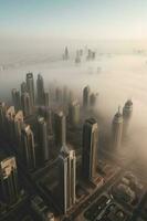 aéreo visualizar, mega alta arranha-céus do dubai coberto dentro cedo manhã durante névoa espaço de tempo. generativo ai tecnologia. foto