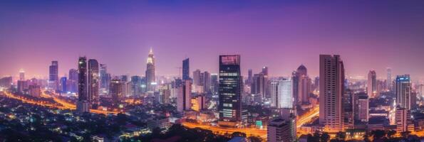 paisagem urbana noite Visão do residencial casas e Alto arranha-céus dentro financeiro distrito às Bangkok tailândia. generativo ai tecnologia. foto