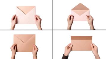 conjunto do fêmea mãos segurando envelopes em branco fundo, generativo ai ilustração. foto