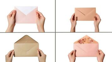 conjunto do fêmea mãos segurando envelopes em branco fundo, generativo ai ilustração. foto
