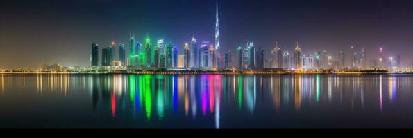 panorama Visão do dubai Horizonte refletindo dentro a água durante noite tempo. surpreendente turista destino, generativo ai tecnologia. foto