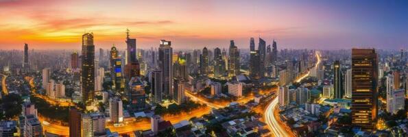 paisagem urbana noite Visão do residencial casas e Alto arranha-céus dentro financeiro distrito às Bangkok tailândia. generativo ai tecnologia. foto