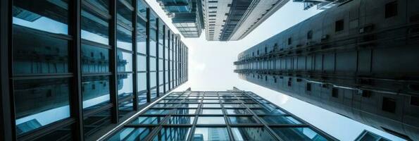 panorâmico e perspectiva Visão para aço luz azul fundo do vidro arranha-céus edifícios dentro futurista cidade. generativo ai tecnologia. foto