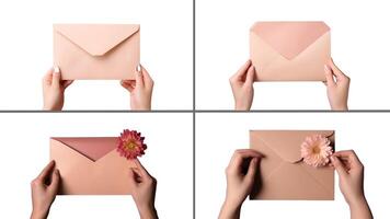 conjunto do fêmea mãos segurando envelopes e flores em branco fundo, generativo ai ilustração. foto