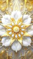 surpreendente arte do fractal dourado e branco flor em geométrico simetria fundo. criada de generativo ai tecnologia. foto
