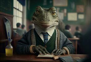 retrato do a antropomórfico crocodilo vestido Como uma estudante dentro uma sala de aula. gerar ai. foto