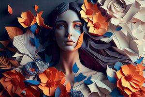 papel arte , abstrato mulher com flores composição. gerar ai foto