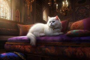 branco persa gato em uma luxo apartamento sofá ilustração generativo ai foto
