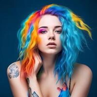 menina com arco Iris cabelo em azul fundo ai gerado foto