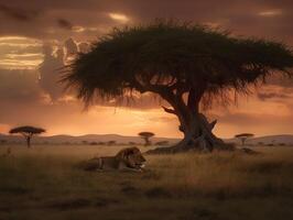 leões sono pacífico descansar debaixo a serengeti céu foto