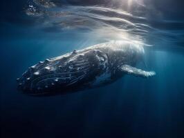 baleia música uma jubartes dança dentro a profundo azul mar foto