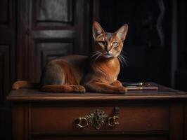a exótico abissínio gato em a Antiguidade escrivaninha foto