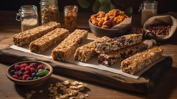 saudável granola bares em uma de madeira mesa foto