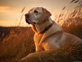 aquecendo dentro a dourado pôr do sol com uma labrador retriever foto