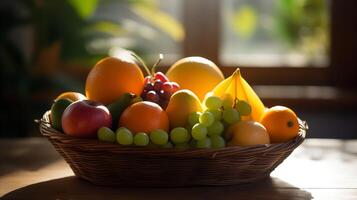 sortido fresco fruta cesta dentro manhã luz solar foto