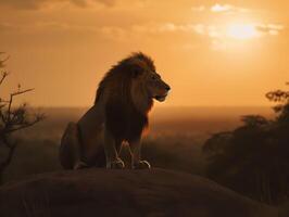 a majestoso rugido do uma leão dentro a savana pôr do sol foto