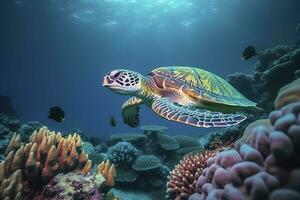 mar tartaruga natação a submarino, lindo embaixo da agua e colorida coral dentro a selvagem natureza do a pacífico oceano gerar ai foto