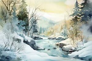 pintura uma aguarela panorama do uma inverno cena, apresentando uma coberto de neve floresta ou montanhas, e intrincado detalhes do flocos de neve, gelo, e congeladas fluxos, gerar ai foto