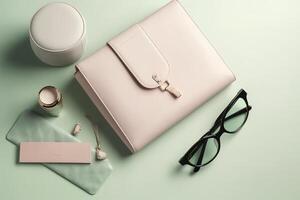 moda mulher acessórios em pastel fundo. à moda mão bolsa, cosméticos, óculos e caderno, topo visualizar, plano deitar. ai gerado imagem foto