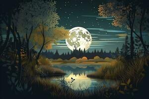 noite panorama meio Ambiente colheita lua sobre uma cintilante lago exuberante vegetação bétula árvores, flores, mágico galáxia. 3d desenhando digital arte, gerar ai foto