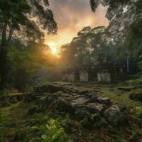 mágico portal debaixo a antigo pedra arco localizado dentro a selva selvagem floresta azul brilho antigo pedra edifícios cultural monumentos teletransporte para paralelo universos 3d Renderização, gerar ai foto