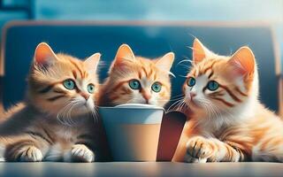 três fofa gato dentro oculos de sol assistindo uma filme com Pipoca. gerar ai foto