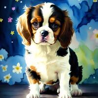 uma lindo descuidado rei Charles spaniel cachorro. aguarela pintura. gracioso elegância. generativo ai foto