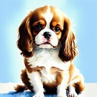 uma lindo descuidado rei Charles spaniel cachorro. aguarela pintura. gracioso elegância. generativo ai foto