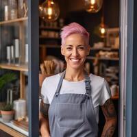 feliz mulher , pequeno o negócio proprietário dentro casual vestindo cinzento avental. ilustração ai generativo foto