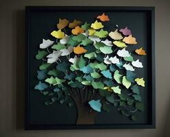 3d colorida ilustração do ginkgo folhas, cervo, e folhas dentro Sombrio fundo. minimalista pintado à mão tela de pintura arte parede quadro, Armação decoração, gerar ai foto